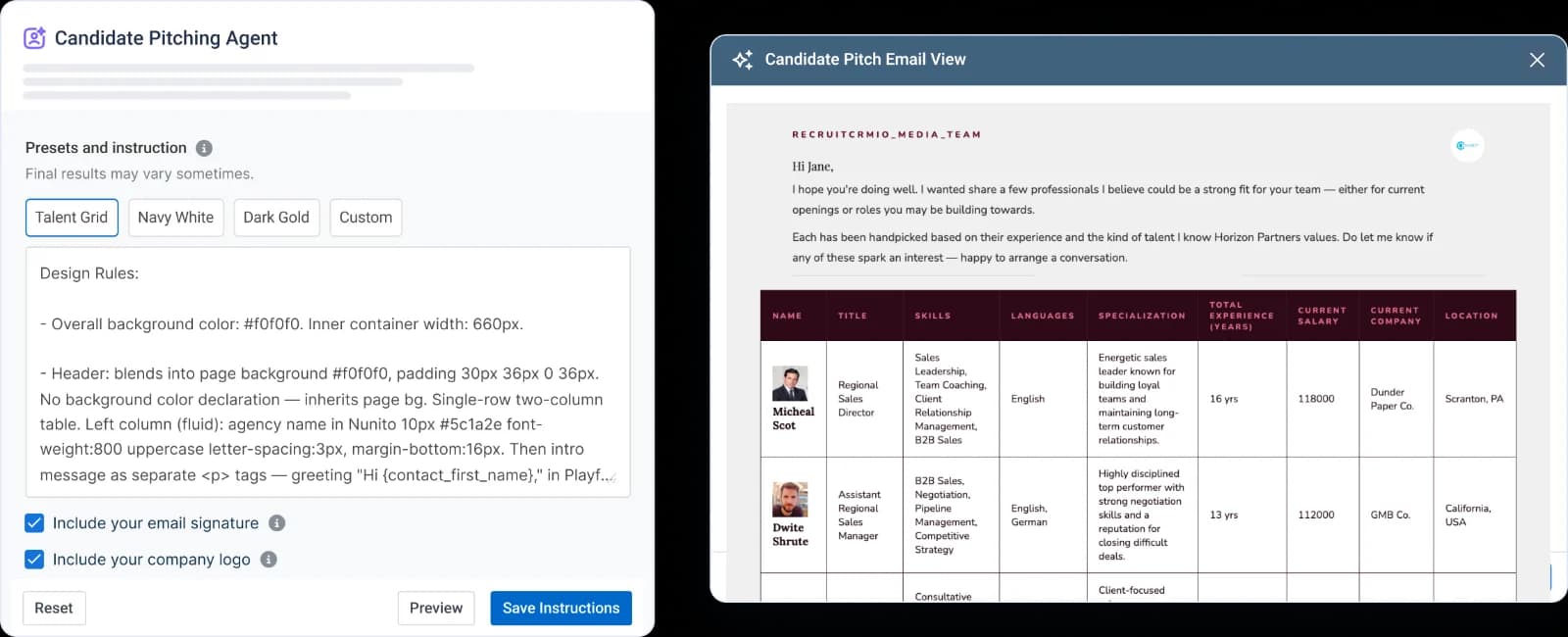 Recruit CRM 中起草好、可直接发送给联系人的候选人推介邮件
