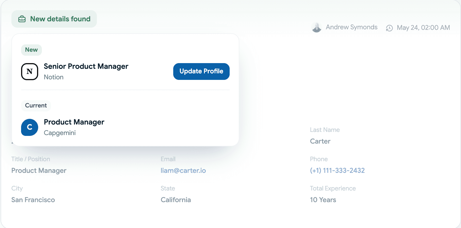 Recruit CRM 中为候选人档案找到的新工作信息