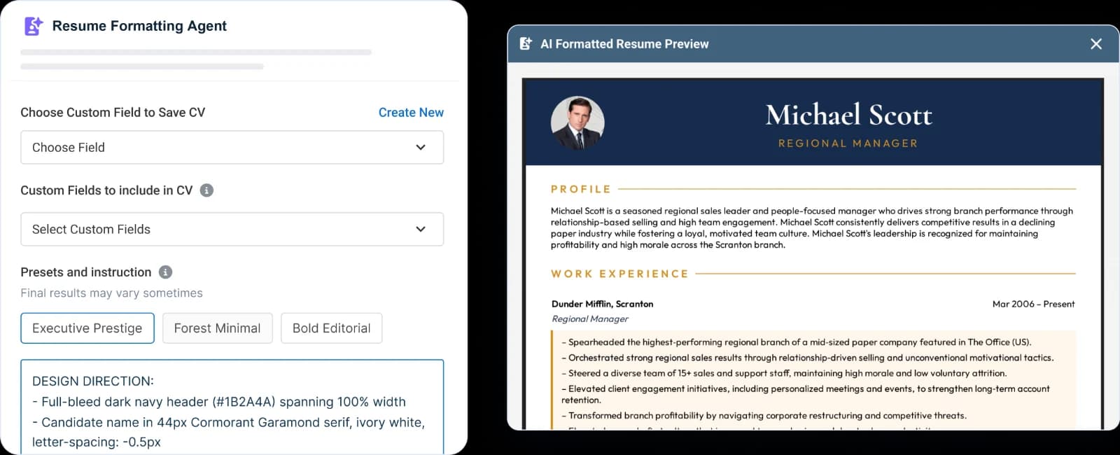 Recruit CRM 中重新排版为简洁招聘公司品牌风格的简历