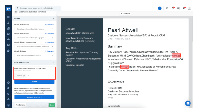 formatta i CV e i curriculum all'interno di Recruit CRM.