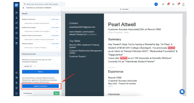 formatta i CV e i curriculum all'interno di Recruit CRM.
