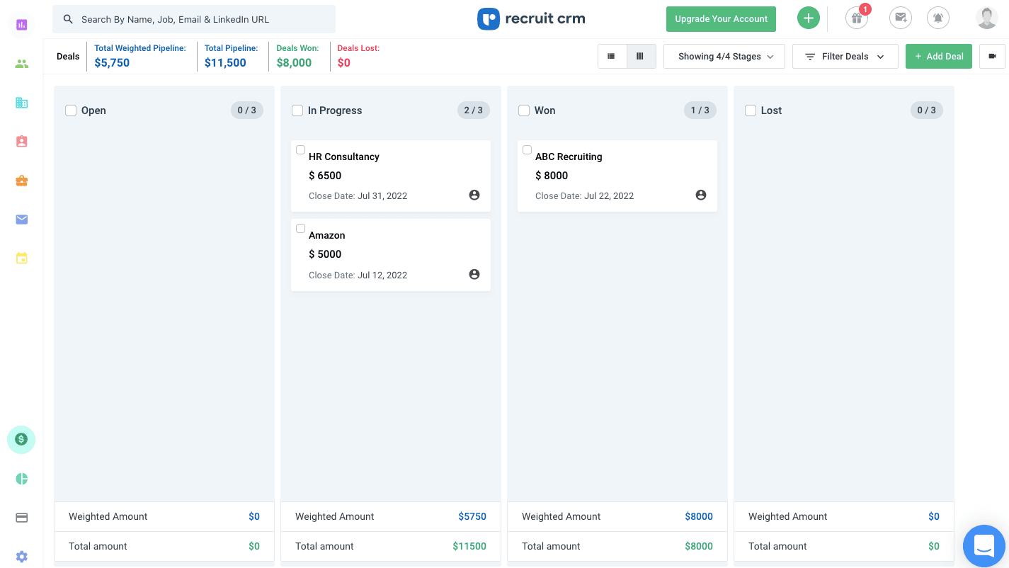 kanban board in recruit crm