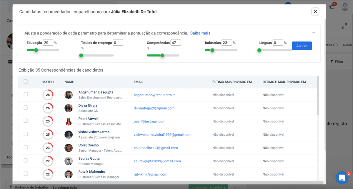 correspondência de candidatos