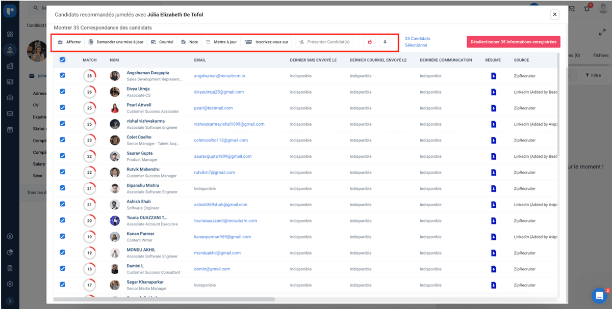 correspondance des candidats