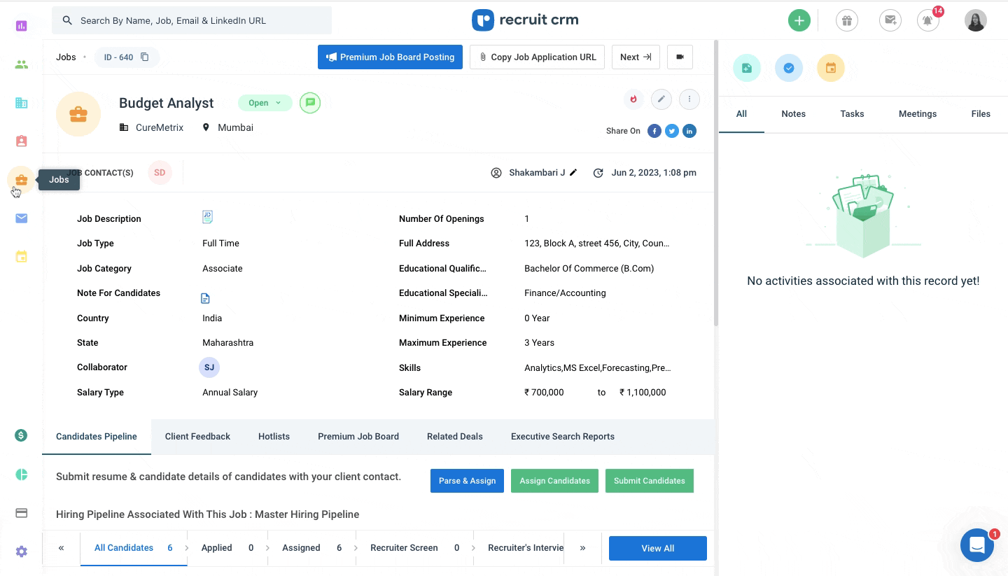Recruit CRM 人工智能招聘软件中的候选人匹配步骤