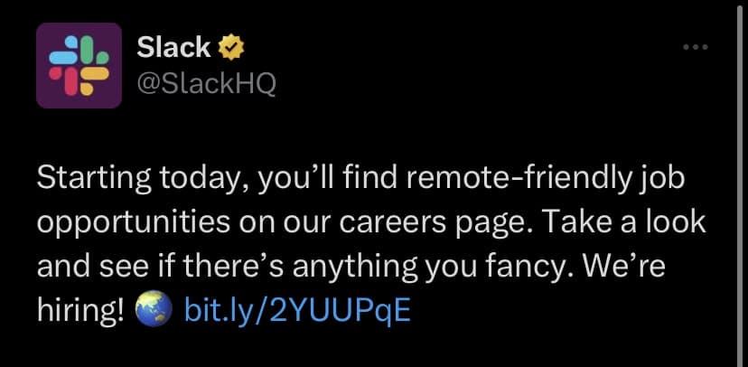 Slack promoting a job on Twitter