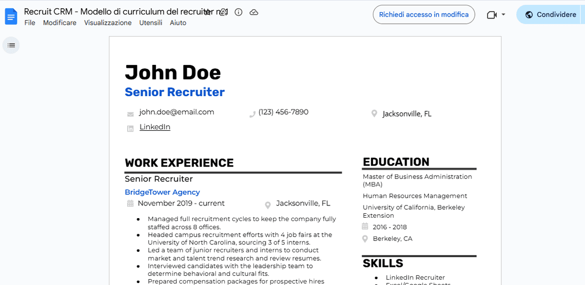 competenze del curriculum del reclutatore