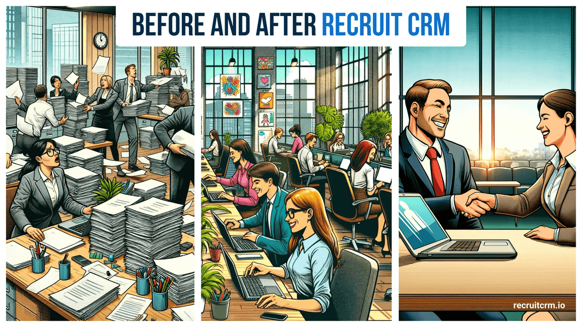 Recruit CRM 启用前后办公室内的招聘人员