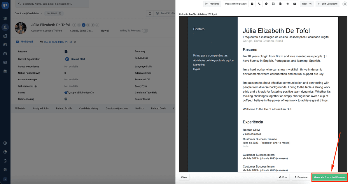 Recruit CRM CV formatting feature