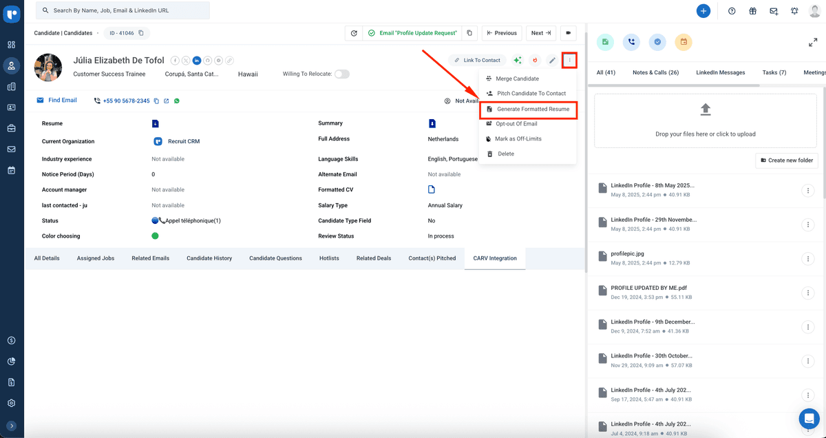 Recruit CRM CV formatting feature