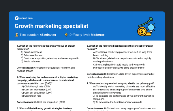 Growth marketing specialist screening quiz
