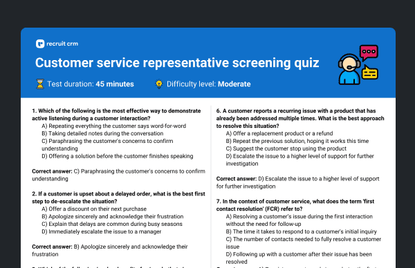 Customer service representative screening quiz