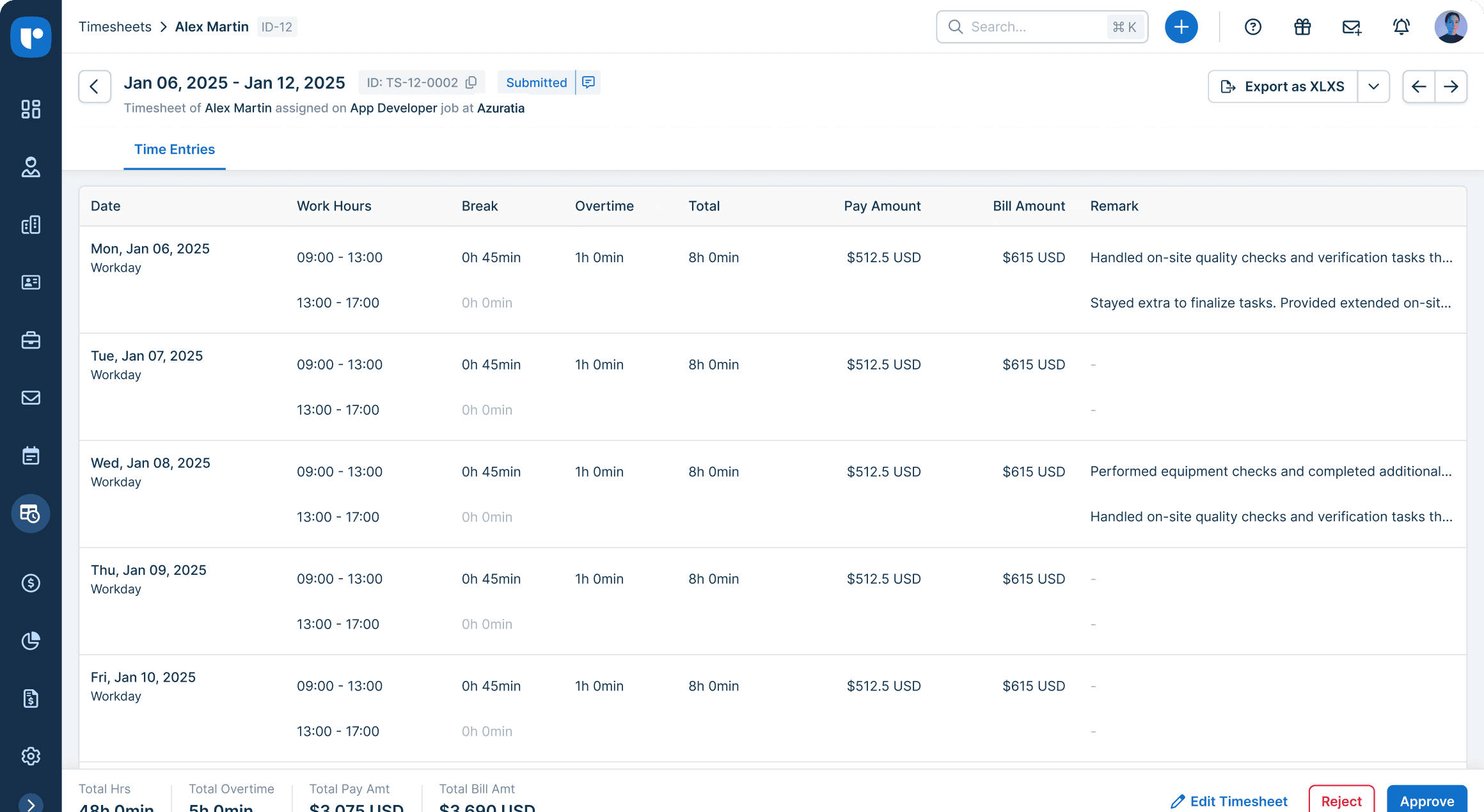 Recruit CRM Timesheets dashboard