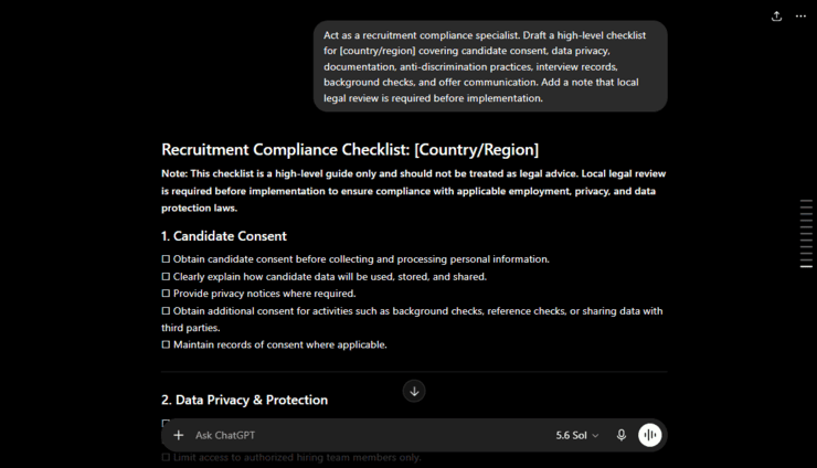 Global recruitment compliance chatgpt prompt