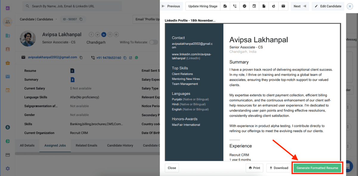 Recruit CRM 的简历格式化功能