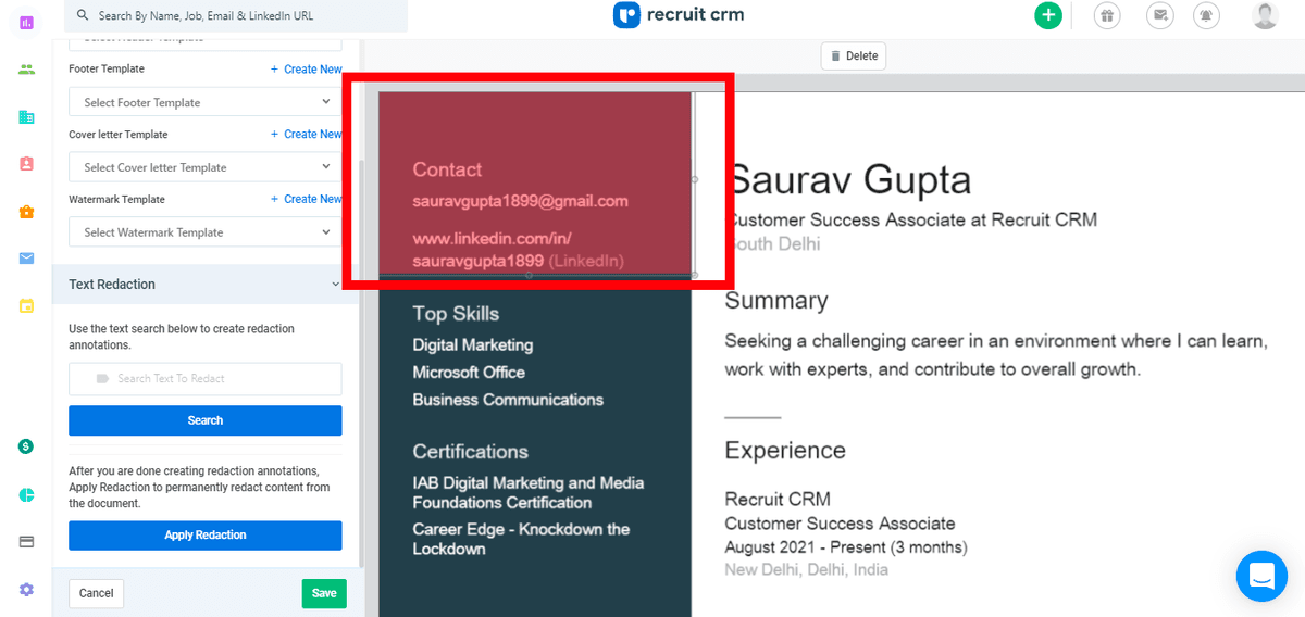 Recruit CRM 的简历格式化功能
