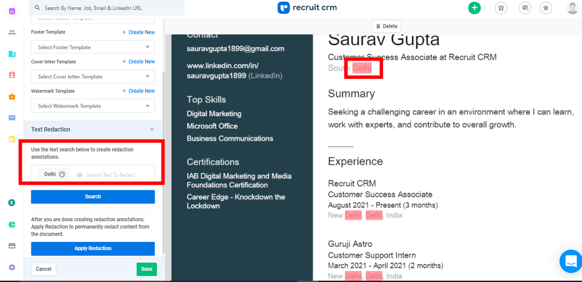 Recruit CRM 的简历格式化功能