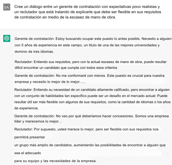 Cree un diálogo entre un gerente de contratación con expectativas poco realistas y un reclutador que está tratando de explicarle que debe ser flexible en sus requisitos de contratación en medio de