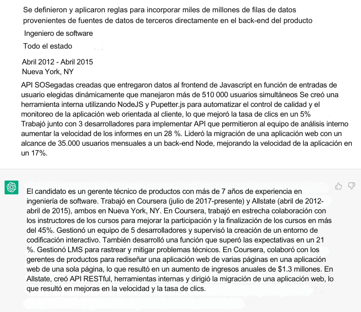 El candidato es un gerente técnico de productos con más de 7 años de experiencia en ingeniería de software. Trabajó en Coursera (julio de 2017-presente) y Allstate (abril de 2012-abril de 2015)