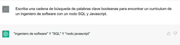 Escriba una cadena de búsqueda de palabras clave booleanas para encontrar un curriculum de un ingeniero de software con un nodo SQL y Javascript.