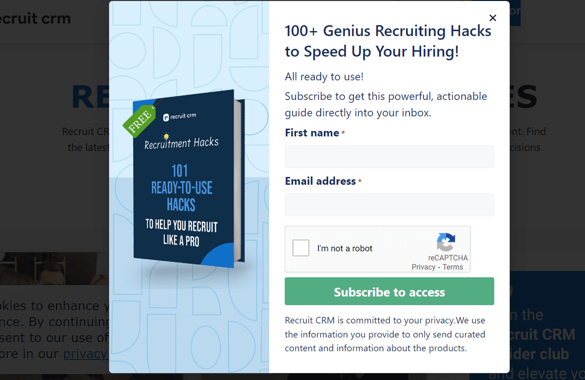 メールを収集するためのポップアップ