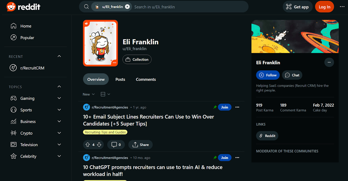 イーライ・フランクリンのサブレディット