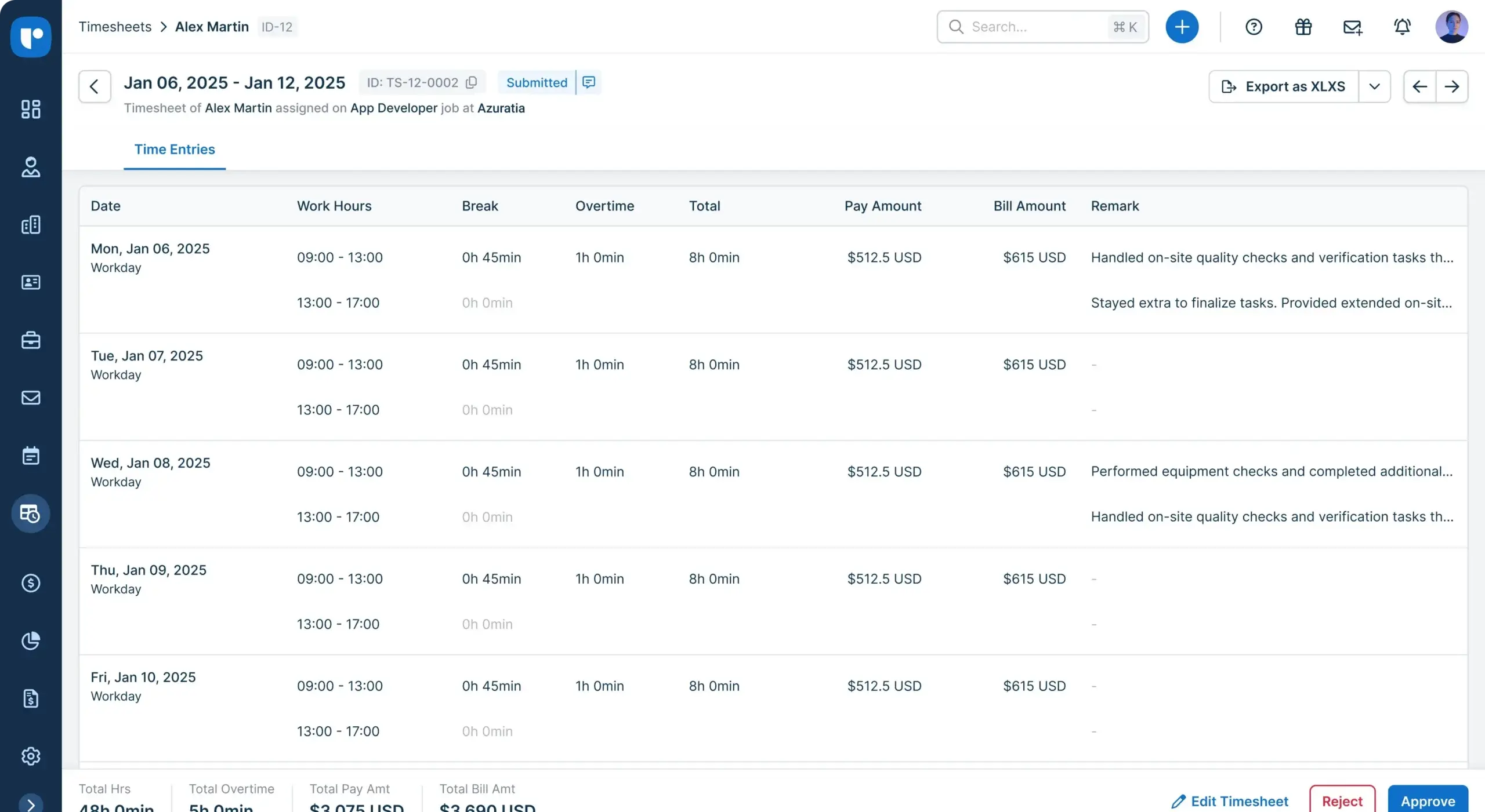 Recruit CRM Timesheets dashboard