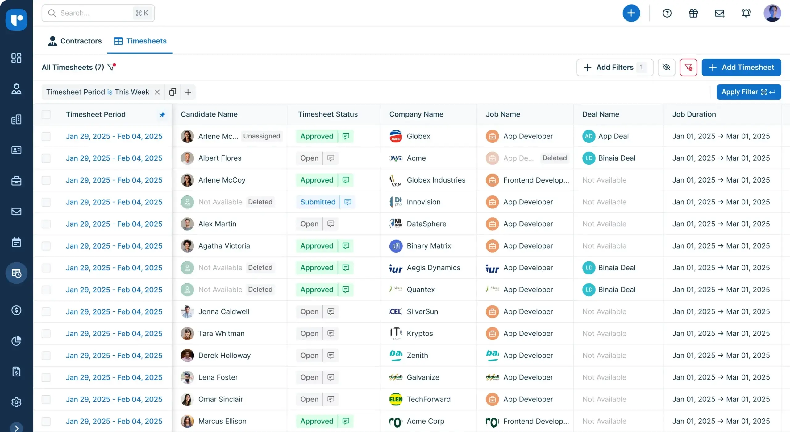 Recruit CRM Timesheets dashboard