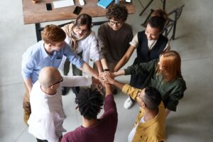 group of employees promoting diversity hiring in a workplace. 