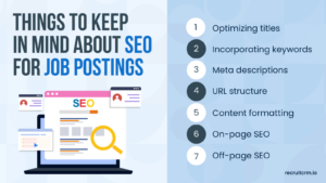 Strategies for SEO for Job postings: 1. Optimizing titles 2. Incorporating keyword 3. Meta descriptions 4. URL structure 5. Content Formatting 6. On page SEO 7. Off page SEO