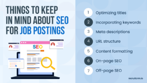 Strategie di SEO per gli annunci di lavoro: 1. Ottimizzare i titoli 2. Incorporare le parole chiave 3. Meta descrizioni 4. Struttura dell'URL 5. Formattazione dei contenuti 6. SEO on page 7. Off page SEO