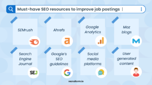 Top SEO tools: 1. SEMRush 2. Ahrefs 3. Google Analytics 4. Moz Blogs 5. Search Engine Journal 6. Google's SEO guidelines 7. Social media platforms 8. User generated content